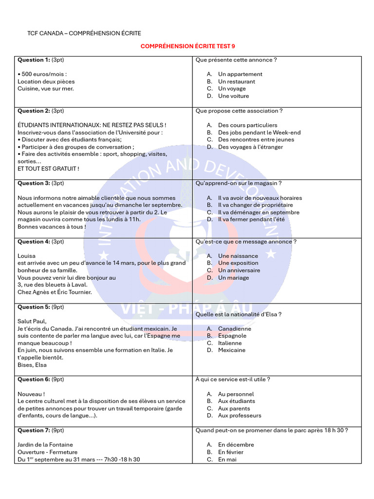 TCF Canada : Compréhension écrite test 9 | PDF | Paul Cézanne | Pédagogie
