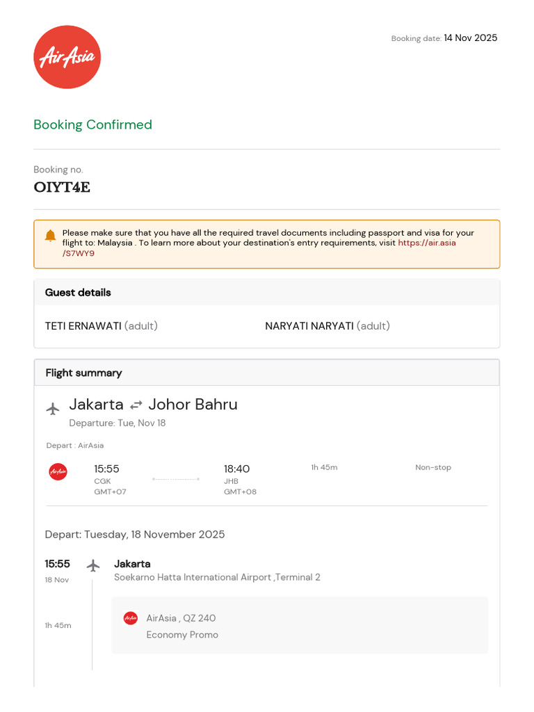 AirAsia QZ 240 Flight Details: Jakarta to Johor | PDF