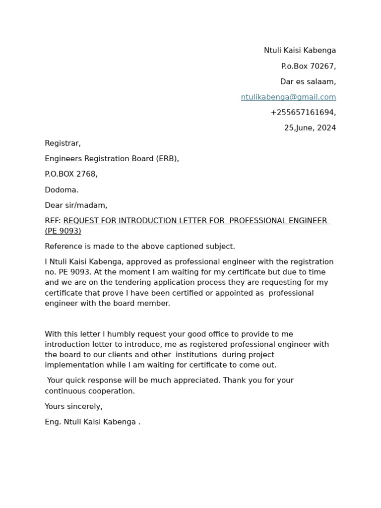 Request for Engineer Introduction Letter | PDF