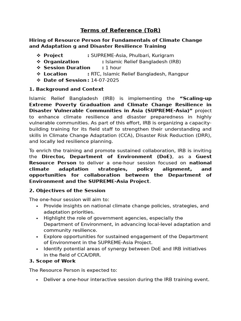 ToR for Resource Person CCA and DR Training_for Session Conductor | PDF ...