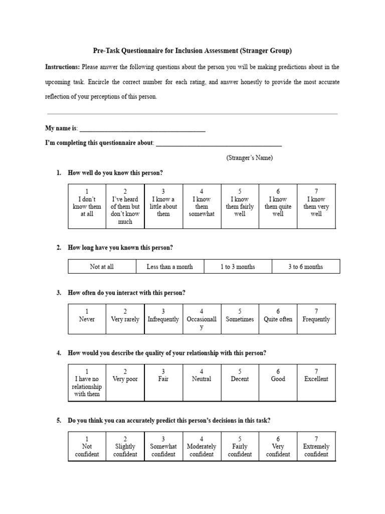 Pre-Task Questionnaire (Stranger Group) | PDF