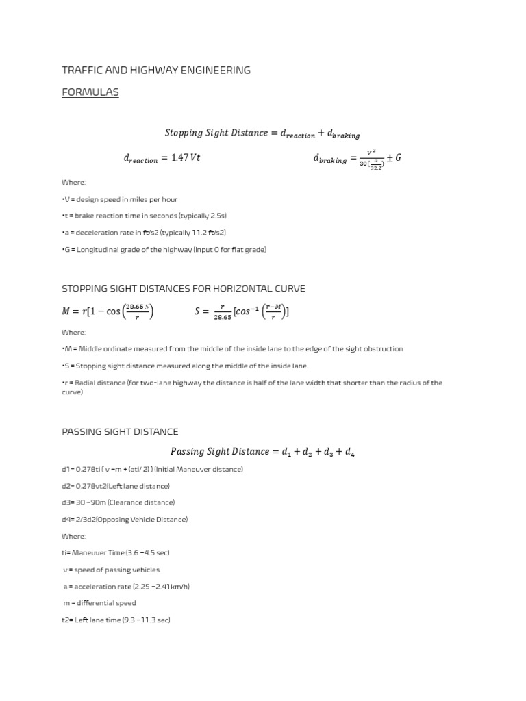Traffic Engineering Formulas Guide | PDF | Lane | Tangent