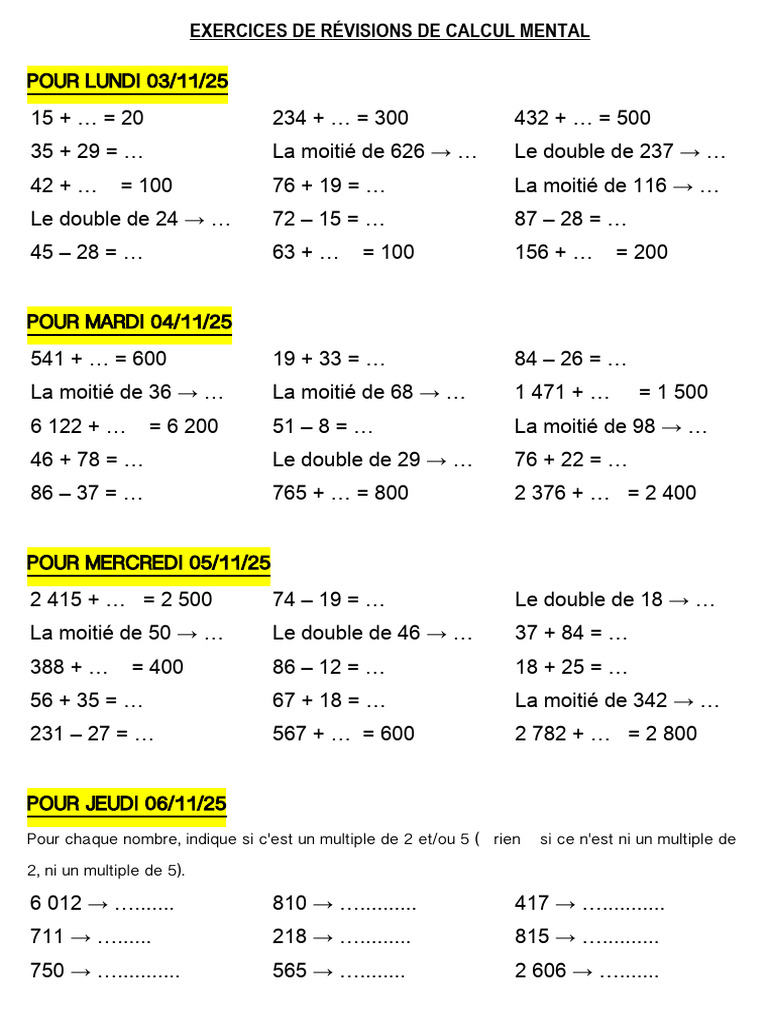 Exercices de calcul mental pour novembre | PDF