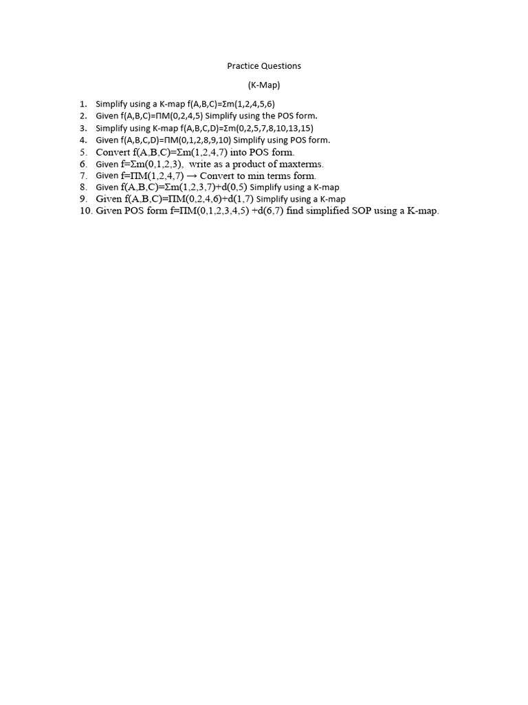 K-Map Practice Questions for Simplification | PDF