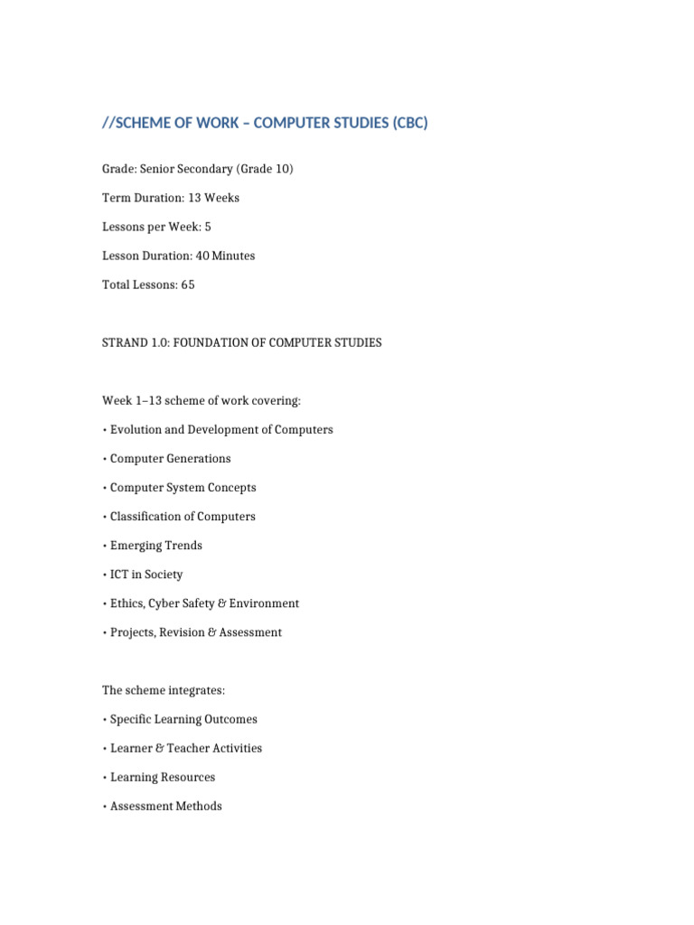 Computer Studies Scheme of Work for Grade 10 | PDF