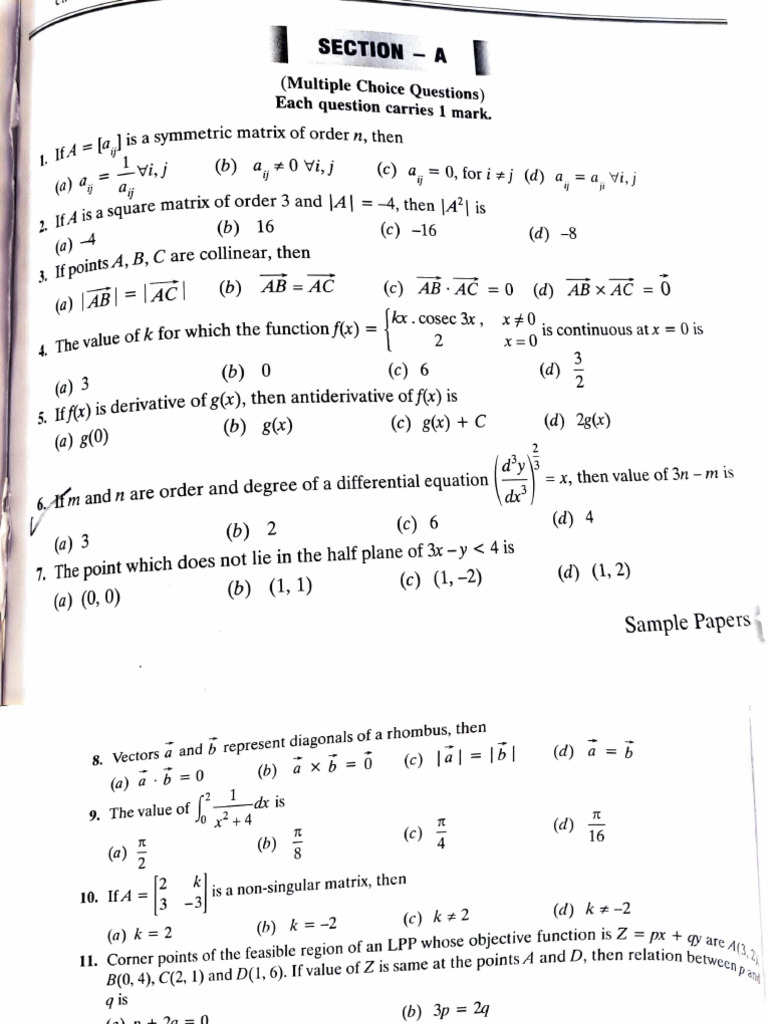 Multiple Choice Questions on Matrices and Vectors | PDF | Matrix ...