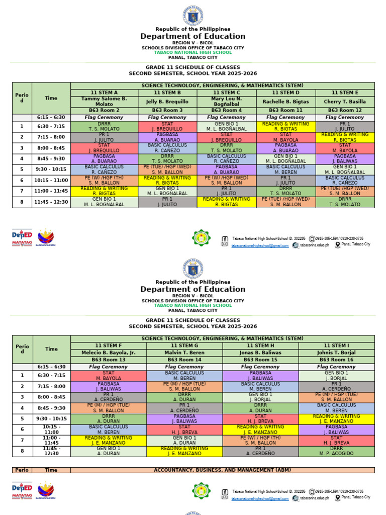 Grade 11 Class Schedule 2025-2026 | PDF