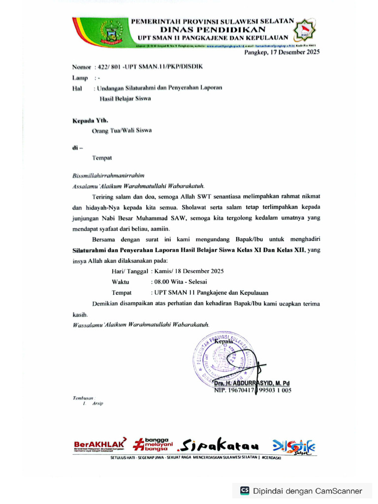 Undangan Penerimaan Rapor Ortu Kelas XI Dan XII | PDF