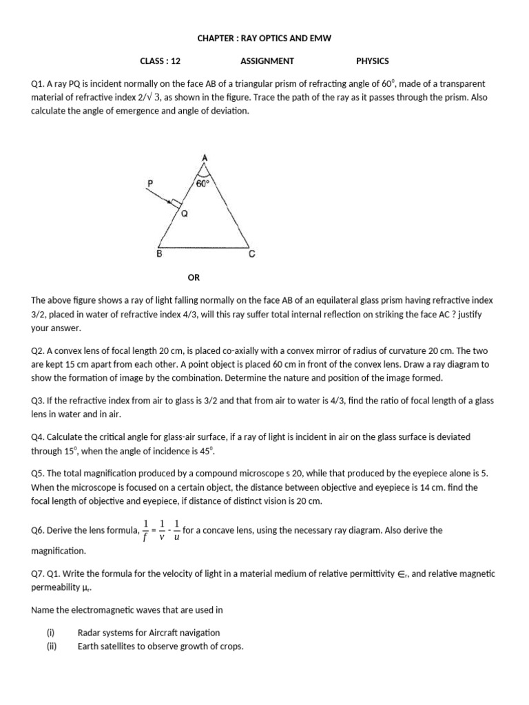 Ray Optics Assignment for Class 12 Physics | PDF | Refractive Index ...