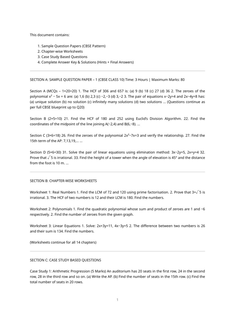 CBSE Class 10 Sample Papers & Worksheets | PDF | Equations | Zero Of A ...