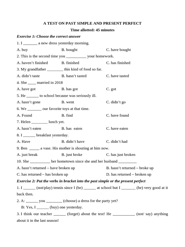 Past Simple vs Present Perfect Test | PDF