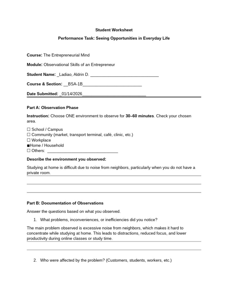 Performance Task for Entrep Students BSA 1 | PDF | Cognitive Science ...