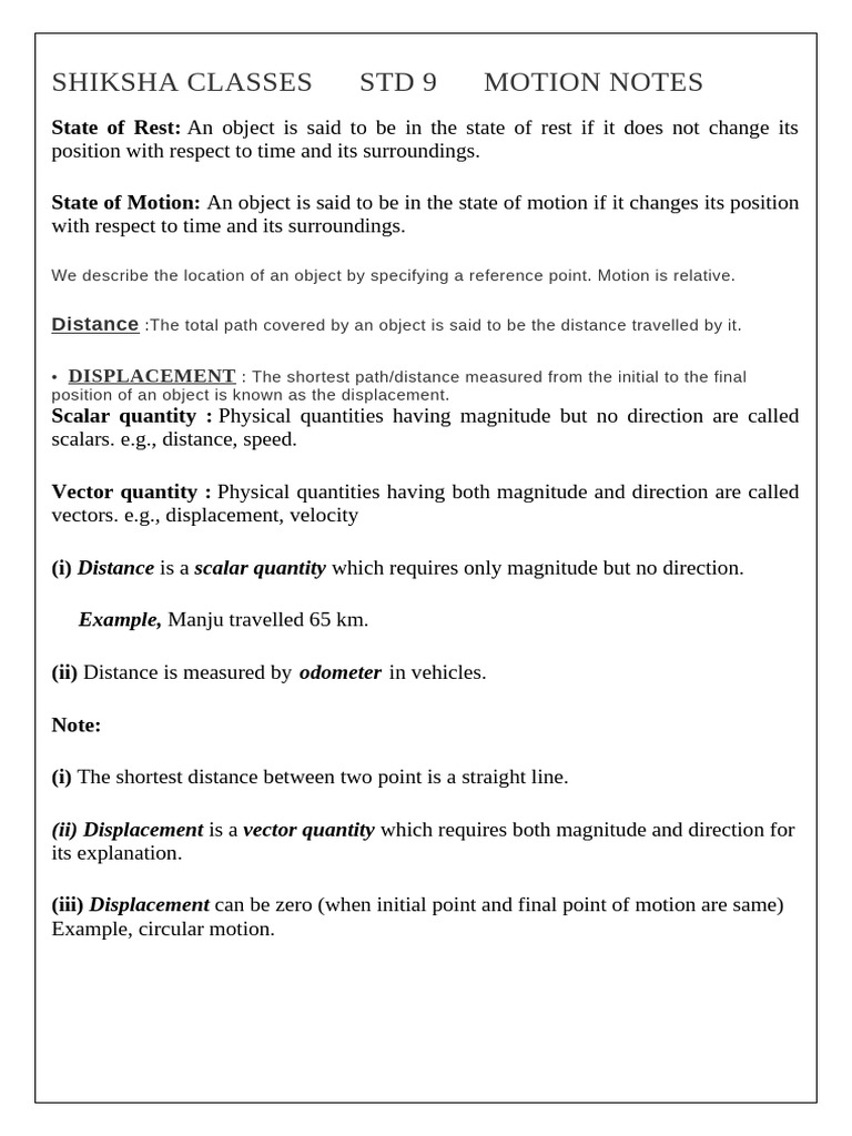 Shiksha Classes 9 Motion Notes | PDF | Acceleration | Speed
