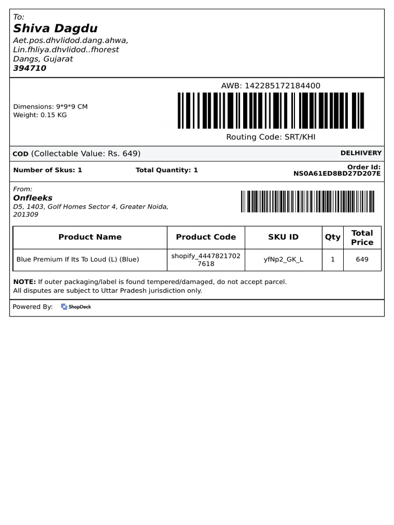 Delhivery Shipment Details and COD Info | PDF