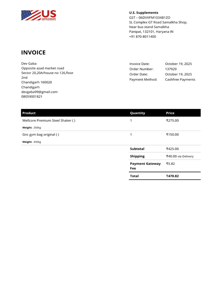 U.S. Supplements Invoice Details | PDF