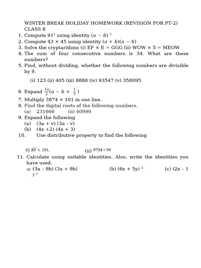 Class 8 Winter Break Math Homework | PDF