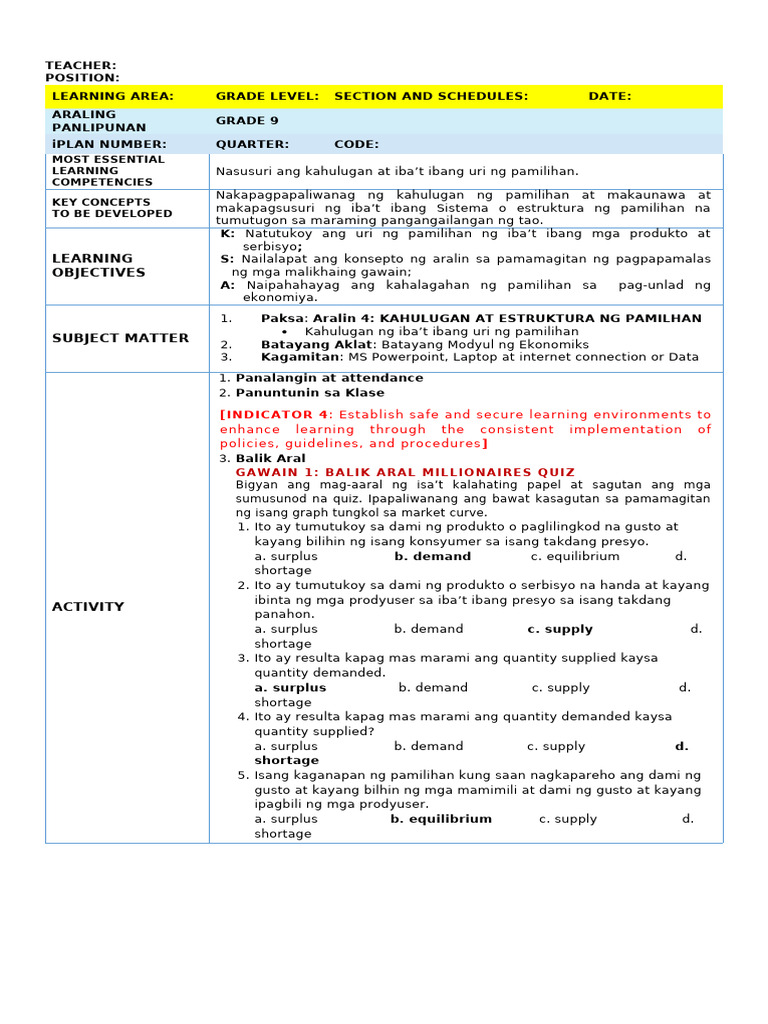 Exemplar Lesson Plan in AP 9 Mga Uri NG Pamilihan | PDF