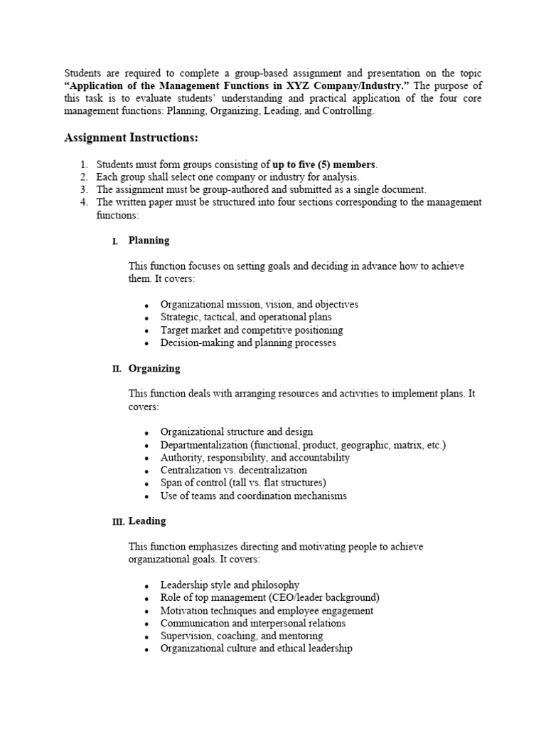 Management Functions Assignment Guide | PDF | Goal | Leadership