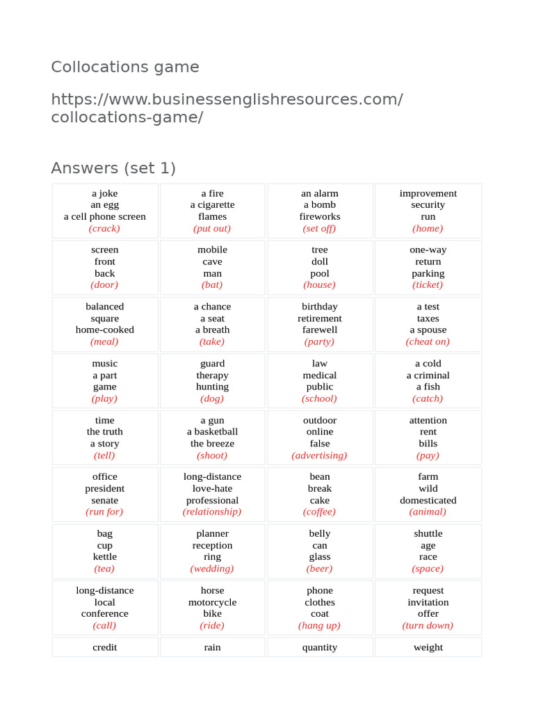 Collocations Game and Answers Set 1 | PDF | Verb | Syntax