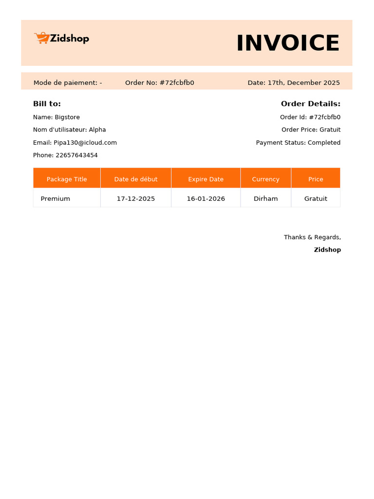 Invoice for Order #72fcbfb0 | PDF