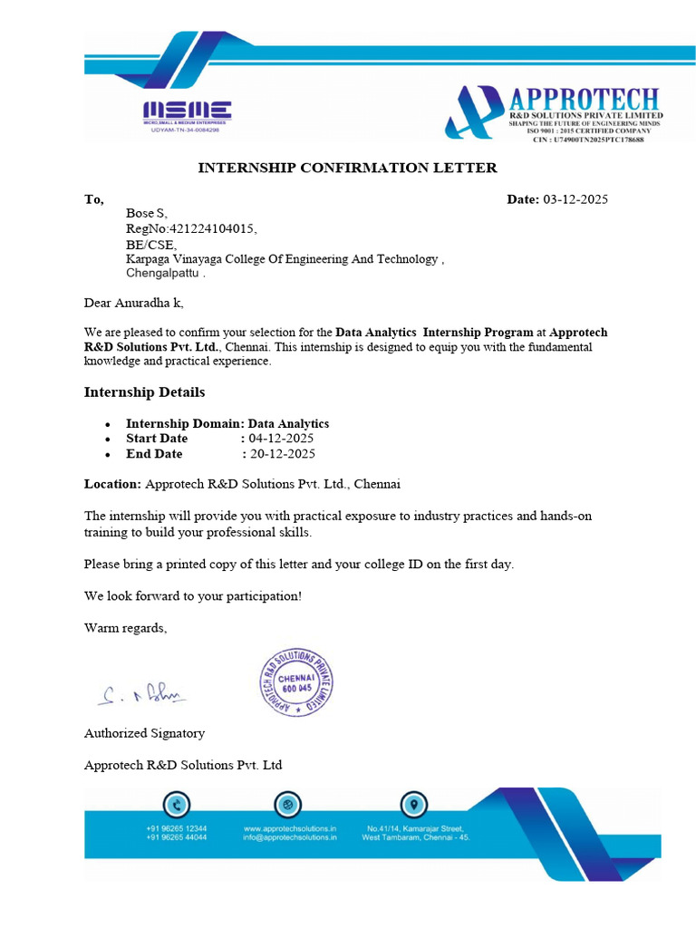 Data Analytics Internship Confirmation Letter | PDF