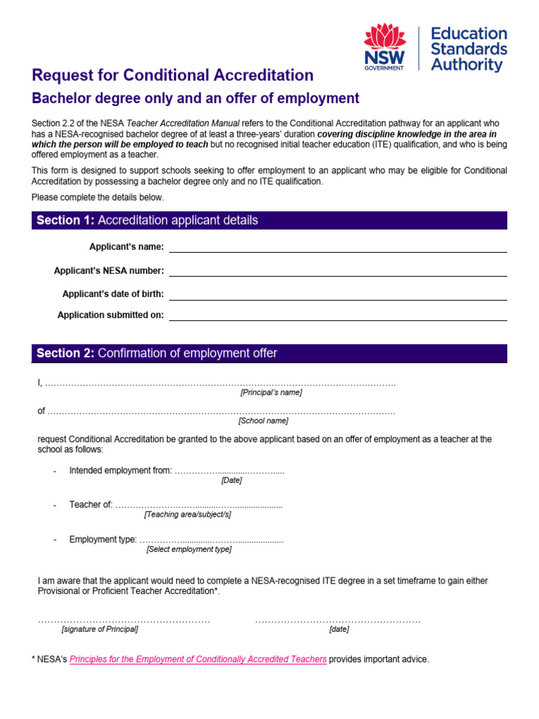 Conditional Teacher Accreditation Request | PDF