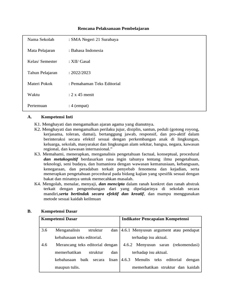 Rencana Pembelajaran Teks Editorial SMA | PDF