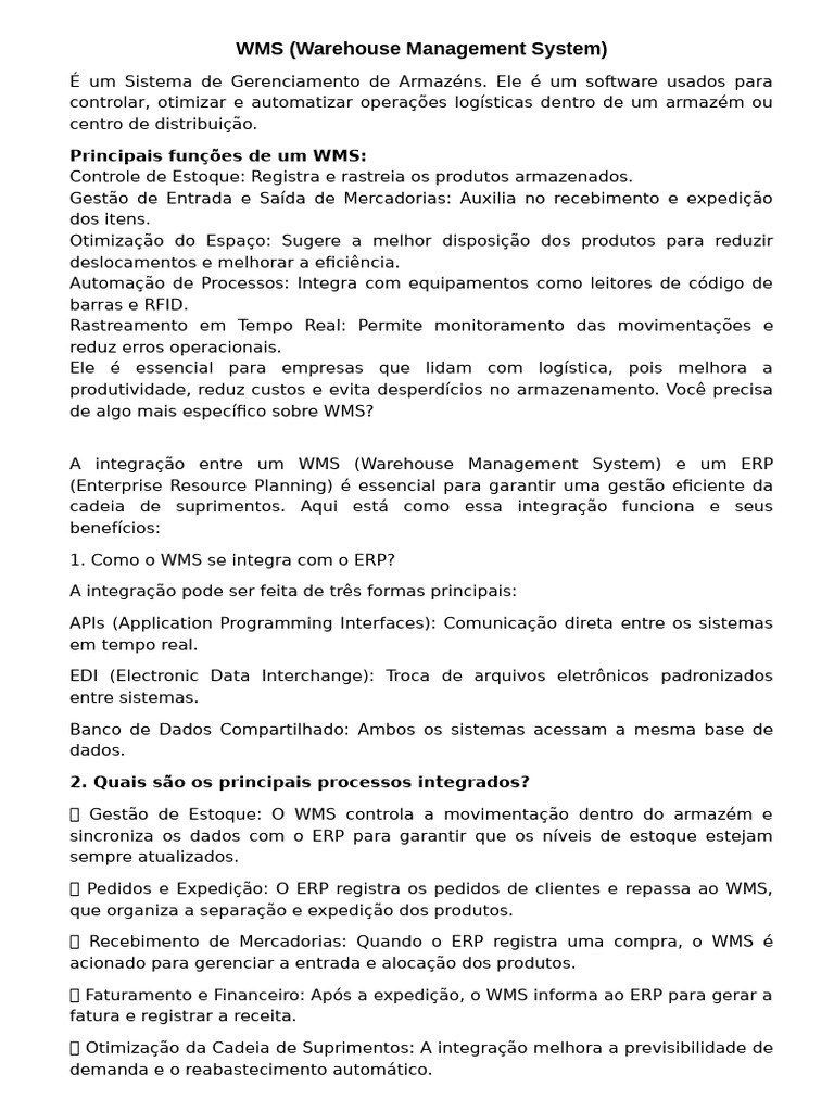 Integração WMS e ERP: Benefícios e Desafios | PDF | Planejamento de ...