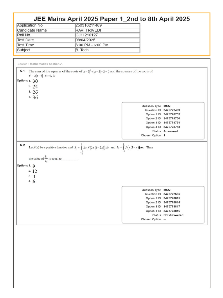 JEE S2 Question Paper_08!04!2025_E | PDF | Multiple Choice ...
