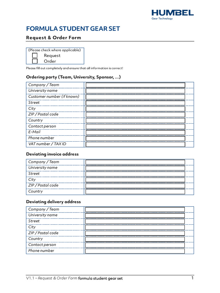 Formula Student Gear Set Order Form | PDF