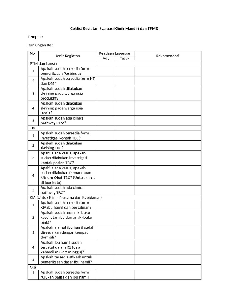 Ceklist Evaluasi Klinik Mandiri dan TPMD | PDF