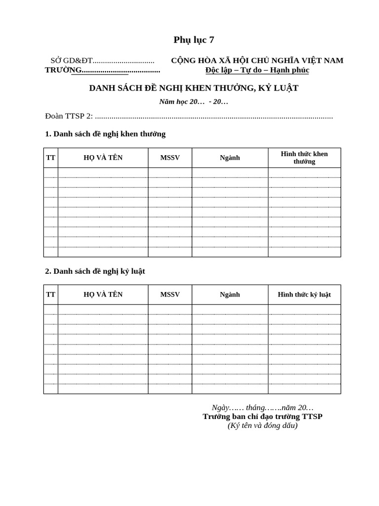 Phu Luc 7 Mau DanhSachKhenThuongKyLuat | PDF
