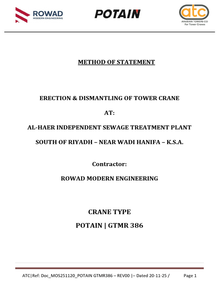Tower Crane Erection Method Statement | PDF | Crane (Machine) | Emergency