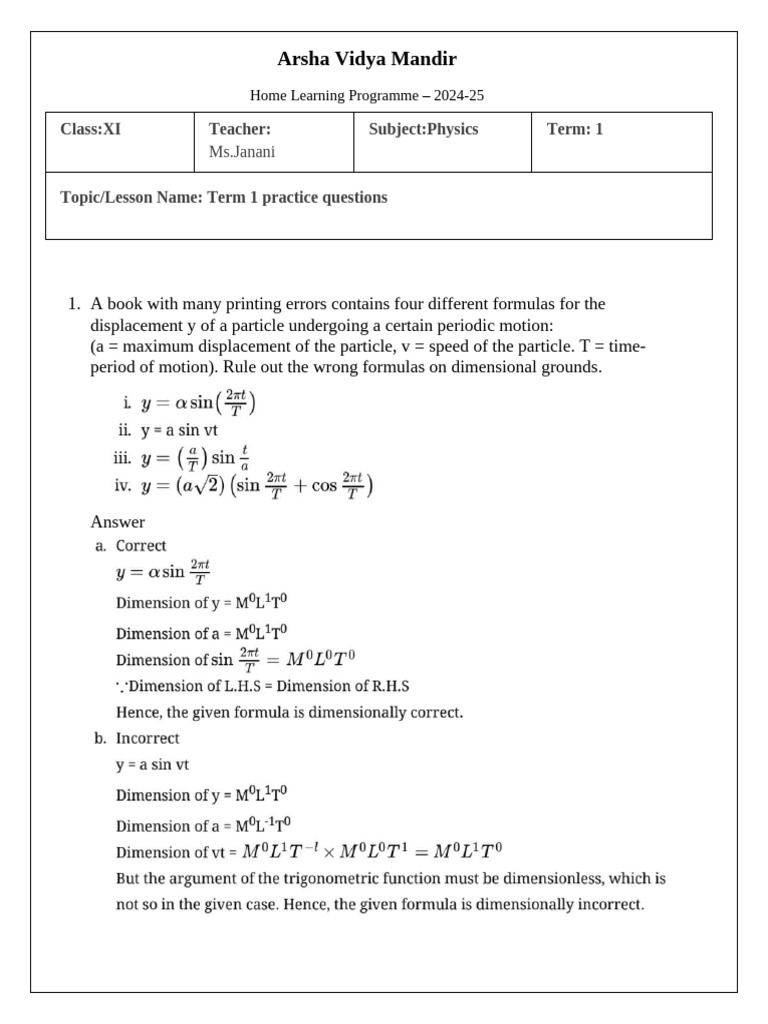 Class XI Physics Term 1 Practice Questions | PDF