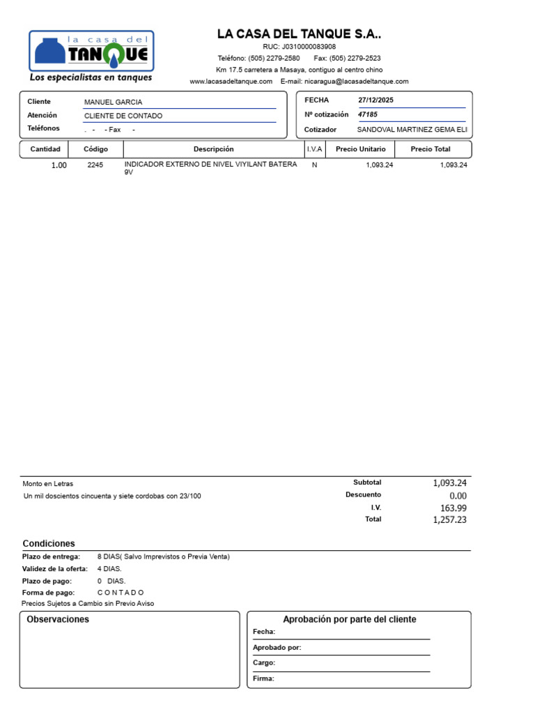 Cotización de Producto para Cliente Contado | PDF