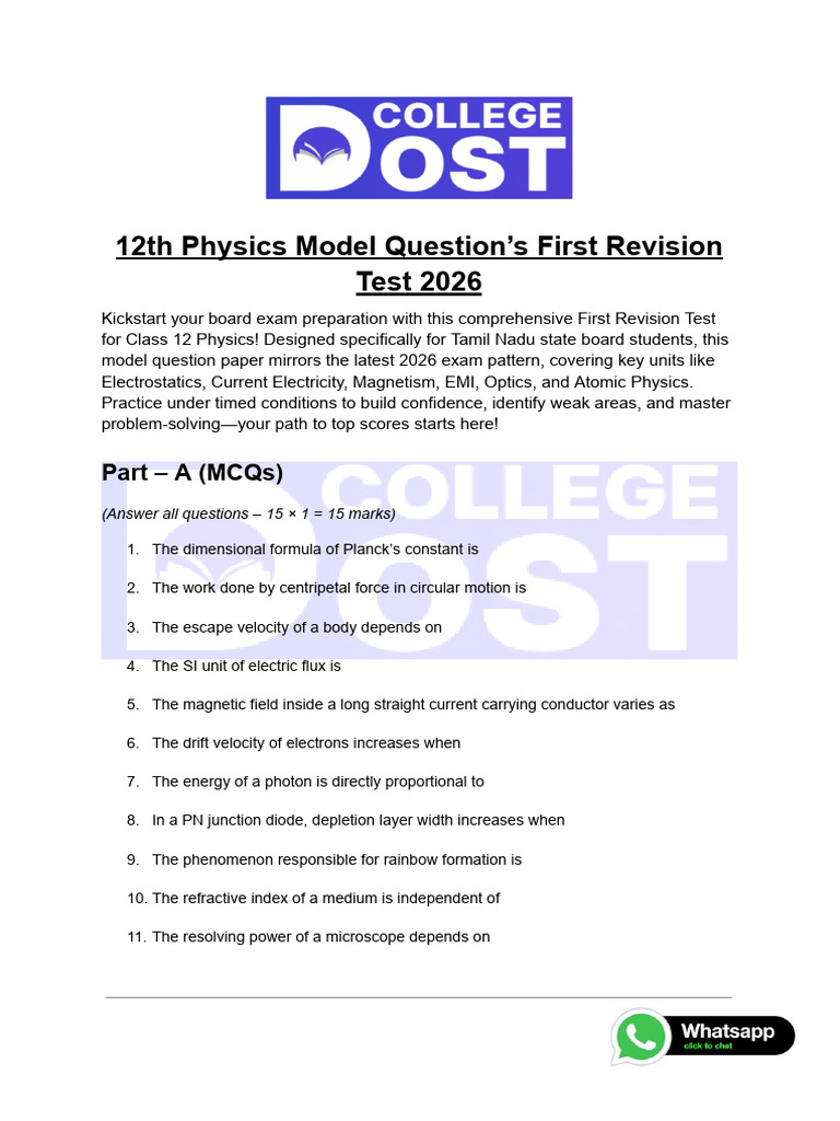 12th Grade Physics Revision Test 2026 | PDF | Physics | Electron