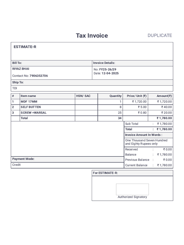 Tax Invoice for Riyaz Bhai - FY25-26/29 | PDF