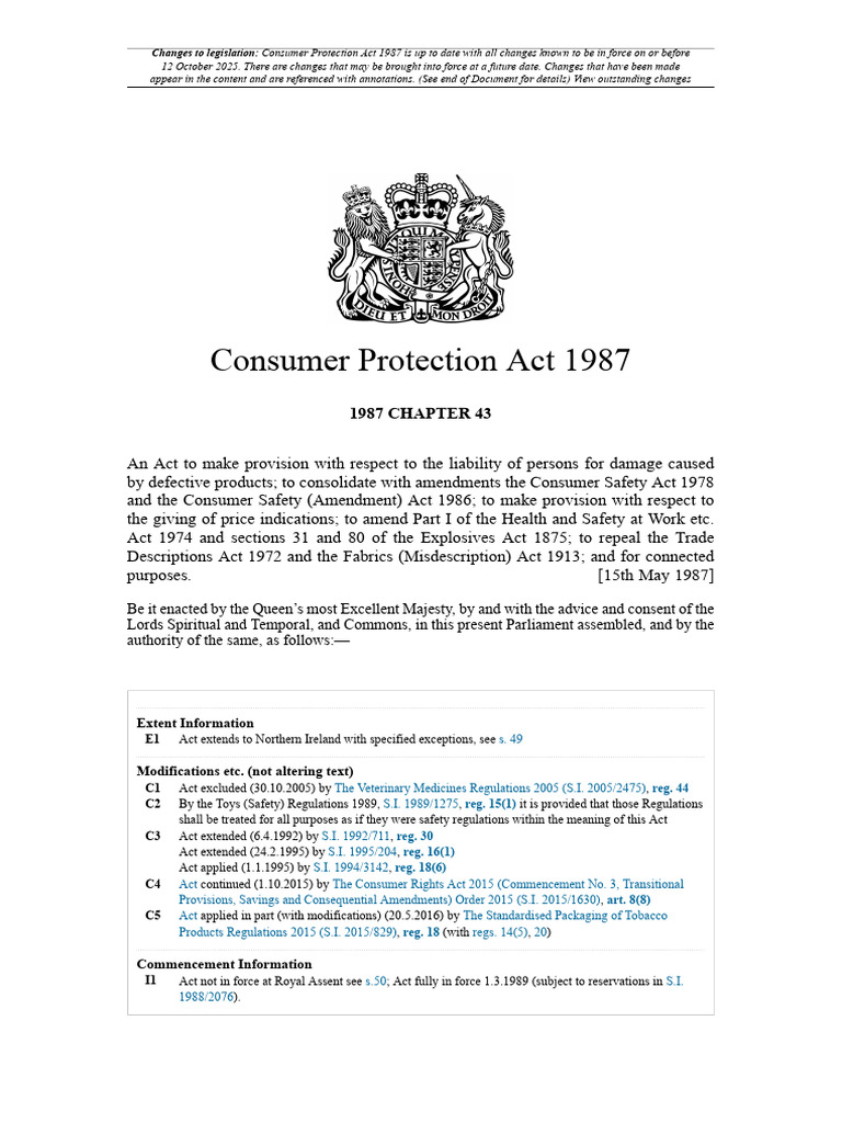 Consumer Protection Act 1987 | PDF | Damages | Legal Liability