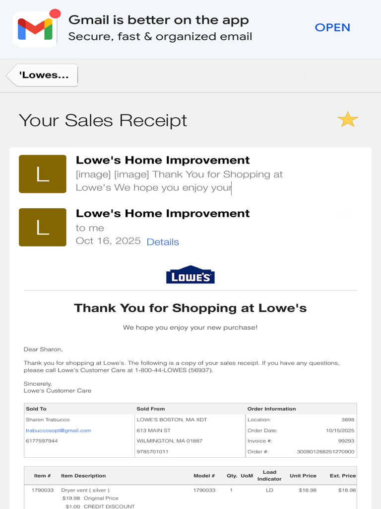 Lowe's Sales Receipt for Sharon Trabucco | PDF