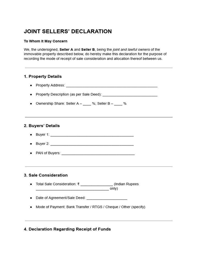 Joint Sellers' Declaration for Property Sale | PDF | Indemnity | Payments