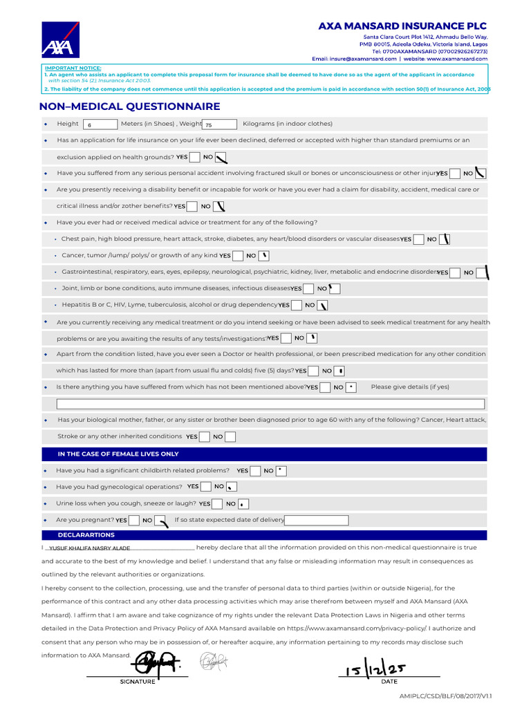 Non-Medical Insurance Questionnaire | PDF | Insurance | Bone