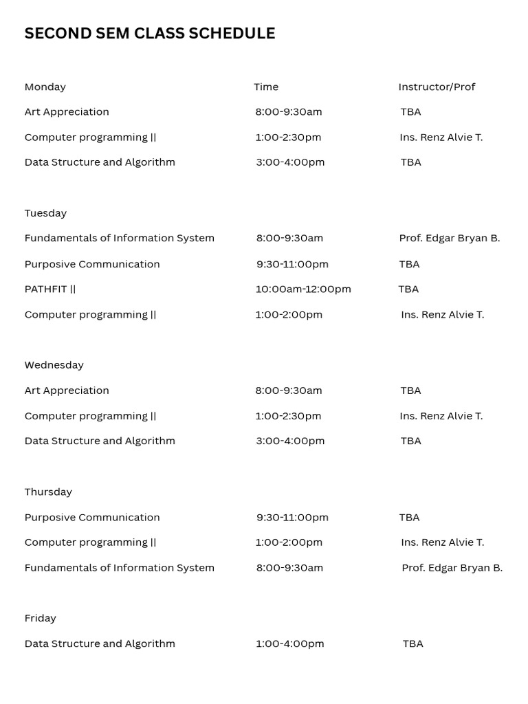 Second Semester Class Schedule | PDF