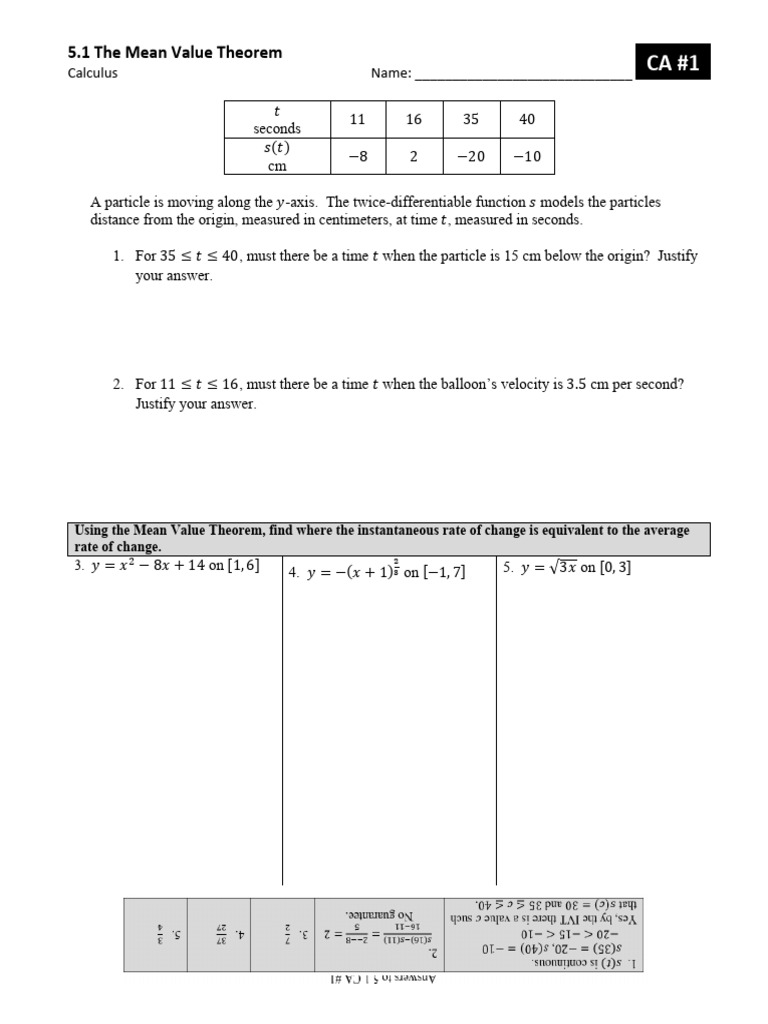 5.2 Mean Value Theorem Math Dash | PDF