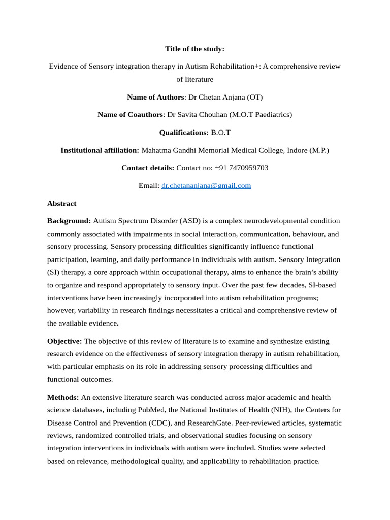 Abstract SI in Autism (Chetan) | PDF | Autism | Occupational Therapy
