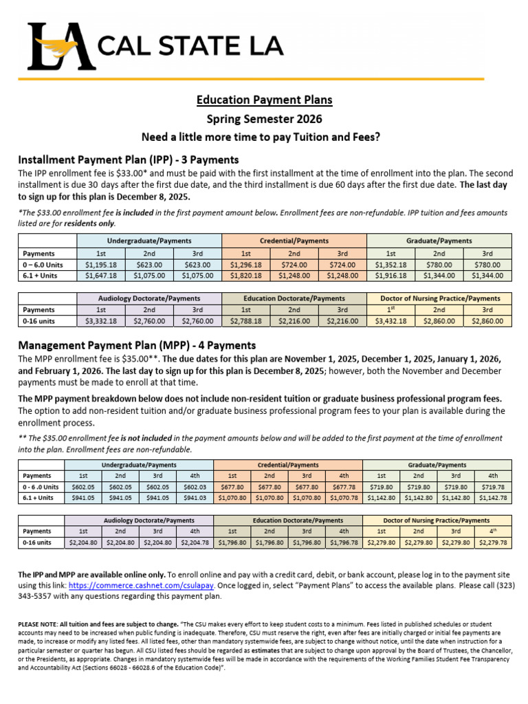 Spring 2026 Tuition Payment Plans | PDF | Fee | Payments