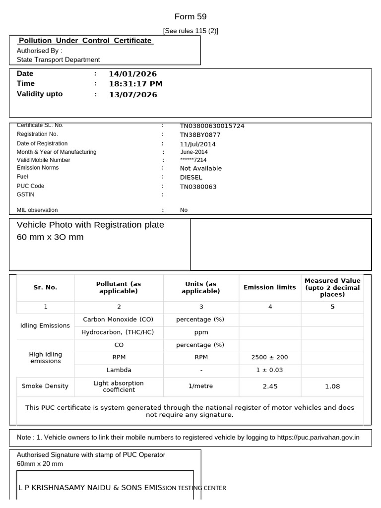 Pollution Under Control Certificate Form 59 | PDF | Exhaust Gas | Human ...