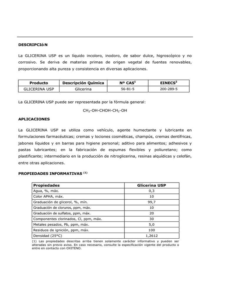 Glicerina USP Usos Y Propiedades PDF Glicerol Materiales