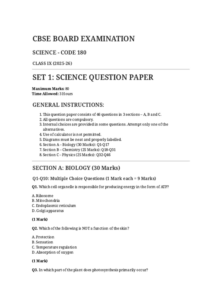 Class IX Science Question Paper 2025-26 | PDF | Force | Acceleration