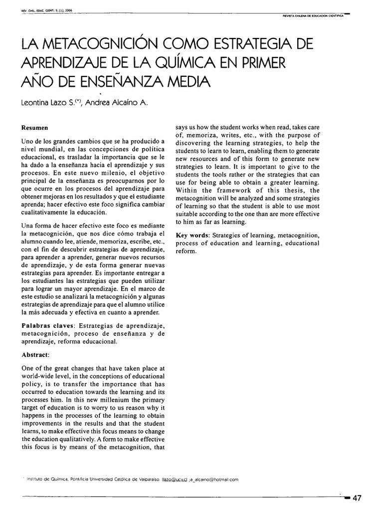 Metacognición en Aprendizaje de Química | PDF | Agua | Aprendizaje
