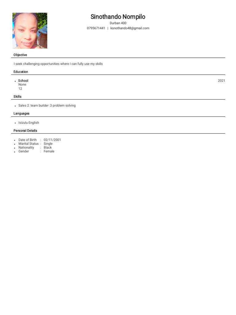 Sinothando Nompilo's CV 2021 | PDF